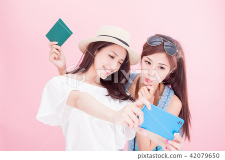 two beauty woman selfie happily 42079650