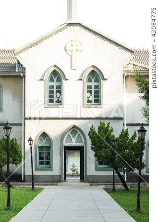 Asia Taiwan Tainan Theological Seminary Christ Church Corridor Corridor Blue Sky White Clouds Coconut Trees Sunlight Sunlight 42084775