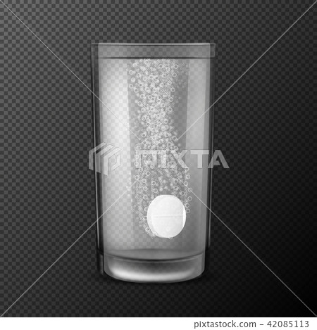 illustration of effervescent tablets, soluble pills falling in a glass with water with fizzy 42085113