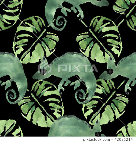 Watercolor tropical palm leaves and chameleons.  42085214