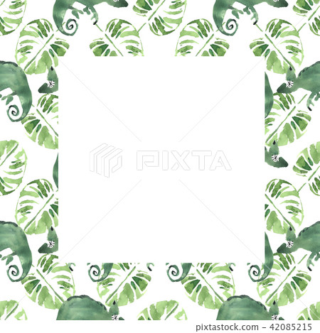 Watercolor tropical palm leaves and chameleons. Watercolor tropical palm leaves and chameleons. 42085215