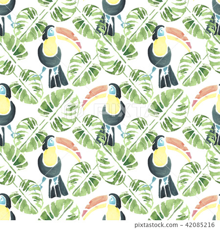 Watercolor tropical bird toucan and palm leaves. Watercolor tropical bird toucan and palm leaves. 42085216