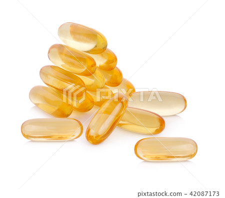 Cod liver oil omega 3 gel capsules isolated Cod liver oil omega 3 gel capsules isolated 42087173