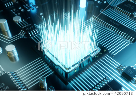3D illustration computer chip, a processor on a printed circuit board. The concept of data transfer 3D illustration computer chip, a processor on a printed circuit board. The concept of data transfer 42090718