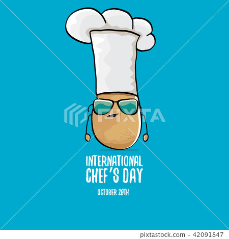 International chef day vector greeting card. vector funny cartoon tiny brown smiling chef potato 42091847