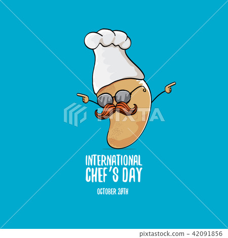International chef day vector greeting card. vector funny cartoon tiny brown smiling chef potato International chef day vector greeting card. vector funny cartoon tiny brown smiling chef potato 42091856