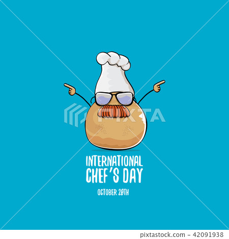 International chef day vector greeting card. vector funny cartoon tiny brown smiling chef potato 42091938