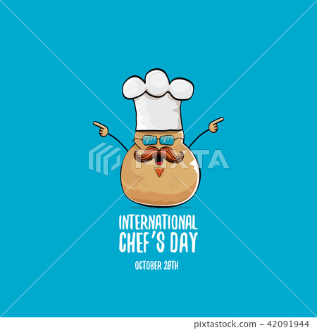 International chef day vector greeting card. vector funny cartoon tiny brown smiling chef potato International chef day vector greeting card. vector funny cartoon tiny brown smiling chef potato 42091944