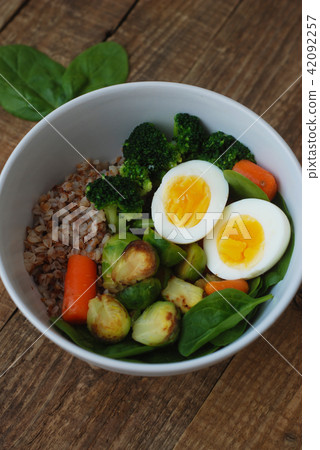 Healthy Diet Fitness Healthy Diet Buckwheat Egg Boiled Half Salad Brussele Cabbage Carrots Copy 42092257