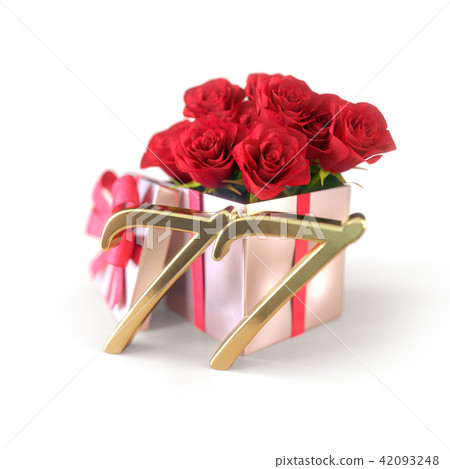 birthday concept with red roses in gift isolated on white background. seventy-seventh. 77th. 3D 42093248