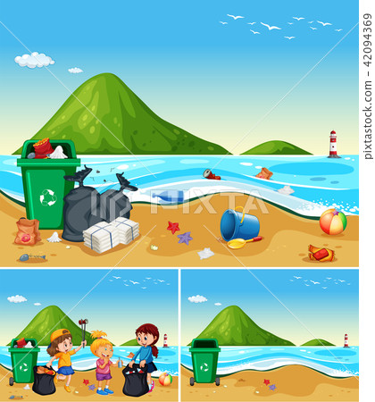 Children Help Cleaning Dirty Beach Children Help Cleaning Dirty Beach 42094369