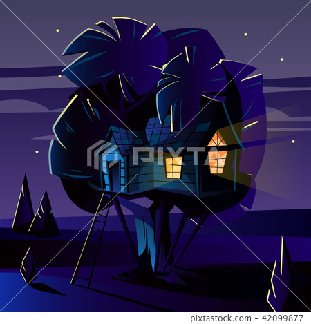 Vector cartoon tree house at night, evening 42099877