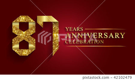 87 years anniversary logo ribbon golden number. 42102479