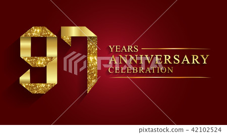 97 years anniversary logo ribbon golden numbers. 42102524