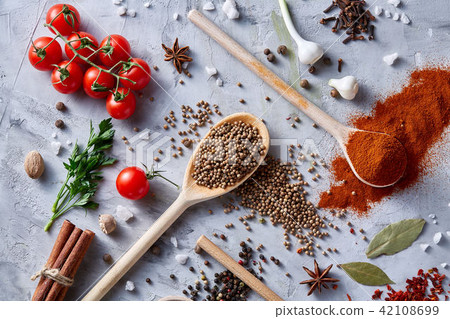 Culinary still life of assorted spices on white textured background, flat lay, close-up, selective Culinary still life of assorted spices on white textured background, flat lay, close-up, selective 42108699