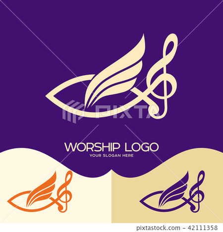 Worship logo. Jesus fish, musical note - treble cl Worship logo. Jesus fish, musical note - treble cl 42111358