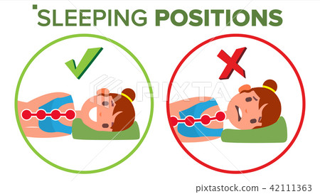 Sleeping Position Vector. Pillow. Curvature Of Human Spine. Neck. Spine Support. Comfortable Bed 42111363