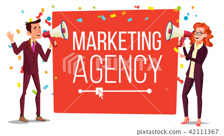 Marketing agency Banner Vector. Inbound, Outbound Marketing Banner. Male, Female With Megaphone 42111367