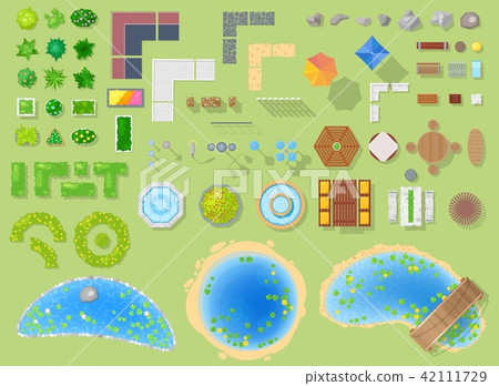 Park vector landscape of parkland with green garden trees and fountain or pond in city illustration Park vector landscape of parkland with green garden trees and fountain or pond in city illustration 42111729