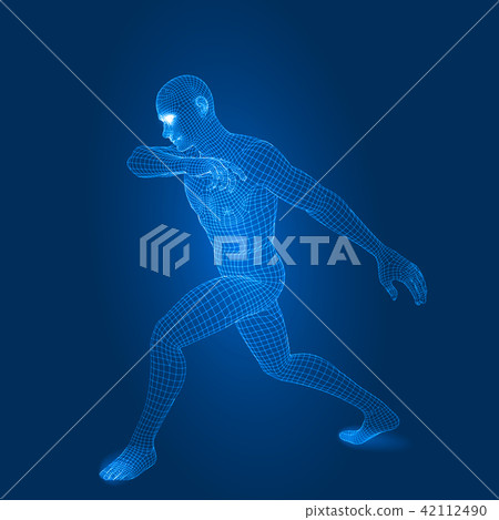 digital man figure in fight pose 3d wireframe style vector illustration 42112490