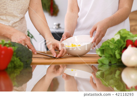 Closeup of human hands cooking in kitchen. Mother and daughter or two female friends cutting Closeup of human hands cooking in kitchen. Mother and daughter or two female friends cutting 42118293