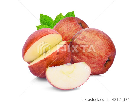 whole and slice red gala apple with green leaf  42121325