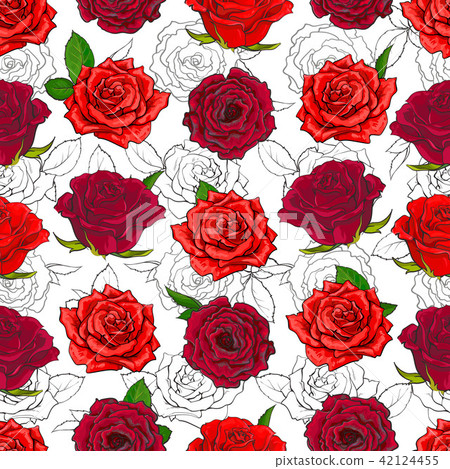 Red roses seamless pattern with hand drawn... - Stock Illustration ...