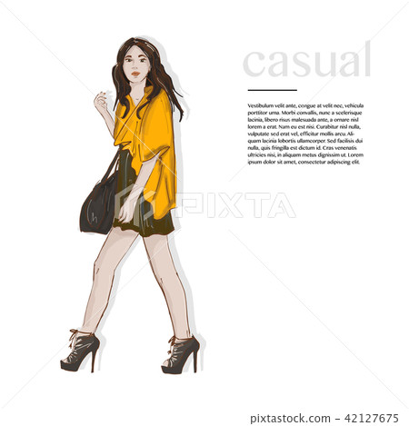 Fasion style outfit. Woman in yellow jacket, dress on the high heels and bag. Runaway magazine Fasion style outfit. Woman in yellow jacket, dress on the high heels and bag. Runaway magazine 42127675