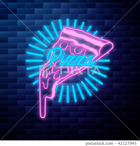Vintage pizza emblem glowing neon 42127945