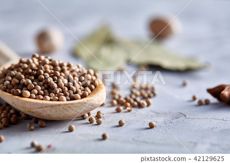 Coriander in wooden spoon with clipping path on white textured background, close-up, selective focus 42129625
