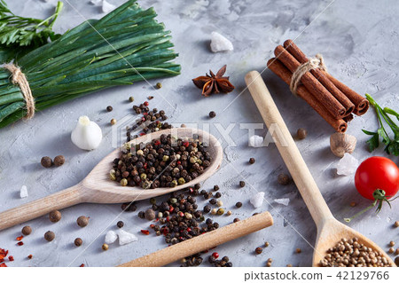 Culinary still life of assorted spices on white textured background, flat lay, close-up, selective Culinary still life of assorted spices on white textured background, flat lay, close-up, selective 42129766