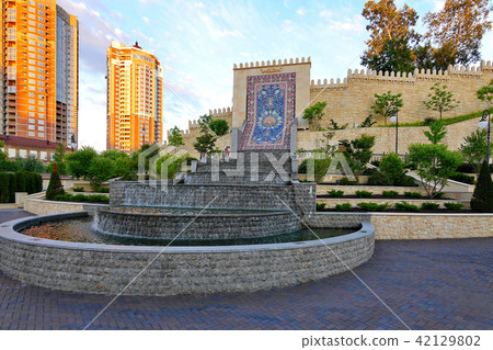 Heydar Aliyev Square with a waterfall at the Azerb Heydar Aliyev Square with a waterfall at the Azerb 42129802