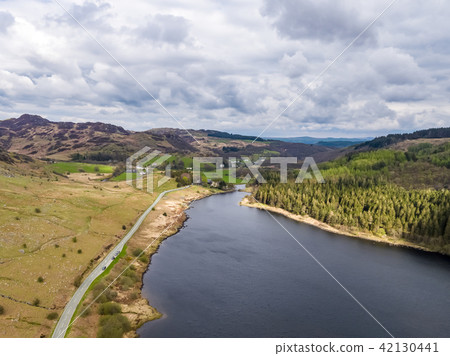 Aerial view of Llynnau Mymbyr are two lakes located in Dyffryn Mymbyr, a valley running from the 42130441