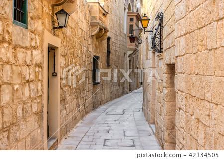 view of ancient narrow medieval street town Mdina 42134505