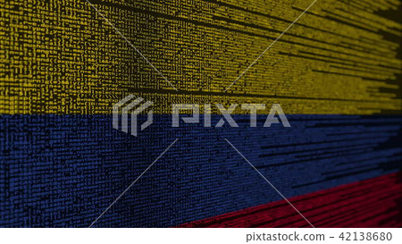 Program code and flag of Colombia. Colombian digital technology or programming related 3D rendering Program code and flag of Colombia. Colombian digital technology or programming related 3D rendering 42138680