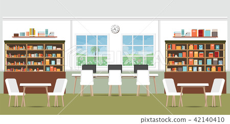 Modern library interior with bookshelves. - Stock Illustration ...