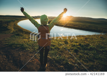 woman hiker enjoy the sunset view woman hiker enjoy the sunset view 42141169