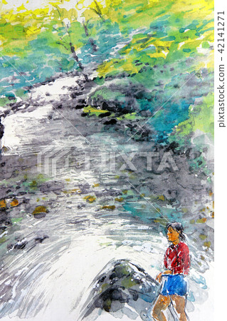 小川和一個女孩水彩筆跡 小川和一個女孩水彩筆跡 42141271