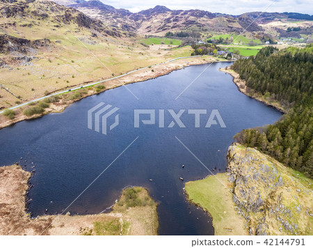 Aerial view of Llynnau Mymbyr are two lakes located in Dyffryn Mymbyr, a valley running from the 42144791