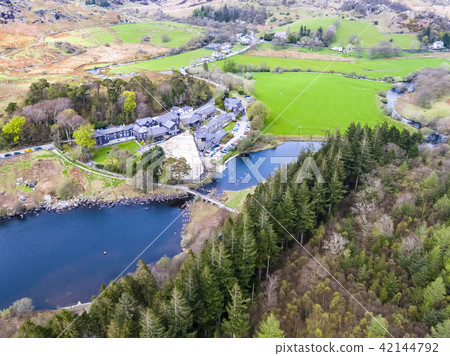 Aerial view of Llynnau Mymbyr are two lakes located in Dyffryn Mymbyr, a valley running from the 42144792