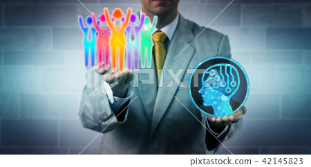 Manager Raising Multicultural Team Above AI App Manager Raising Multicultural Team Above AI App 42145823