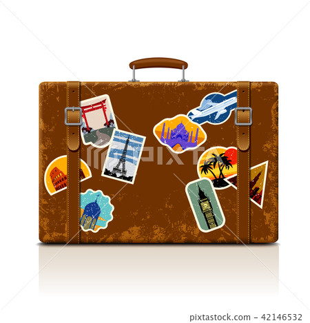 Vintage brown threadbare suitcase with collection Vintage brown threadbare suitcase with collection 42146532