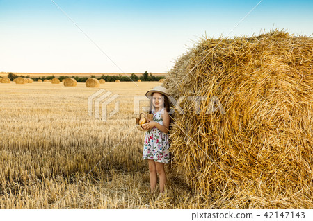 Happy girl on field of wheat with bread 42147143