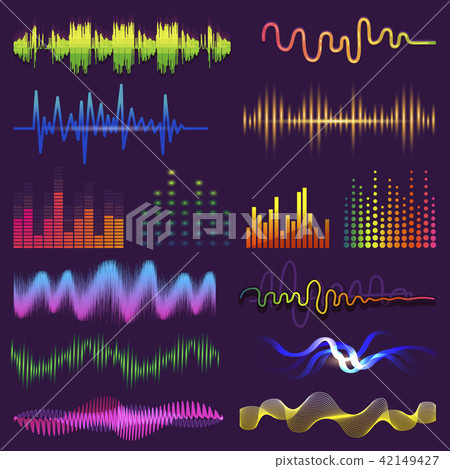 Music waves of sound on radio vector audio sounding waveform and wavelength of soundtrack and waved 42149427