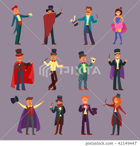 Magician vector illusionist show magic man illusion or magical illusionism and cartoon character Magician vector illusionist show magic man illusion or magical illusionism and cartoon character 42149447
