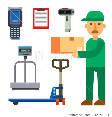 Warehouse worker shipping and delivery flat elements storage business industry vector illustration. Warehouse worker shipping and delivery flat elements storage business industry vector illustration. 42151021