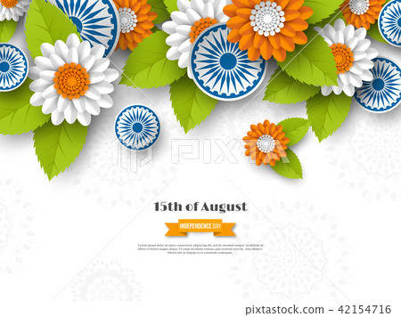 Indian Independence day holiday design. 3d wheels, flowers with leaves in traditional tricolor of 42154716