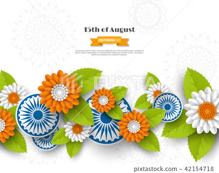 Indian Independence day holiday design. 3d wheels, flowers with leaves in traditional tricolor of 42154718