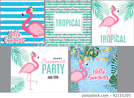 Cute Pink Flamingo Summer Collection Set Background Vector Illustration 42155205