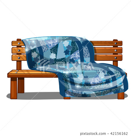Wooden bench covered with a warm blanket or a blanket with texture on Christmas theme. Outdoor Wooden bench covered with a warm blanket or a blanket with texture on Christmas theme. Outdoor 42156162